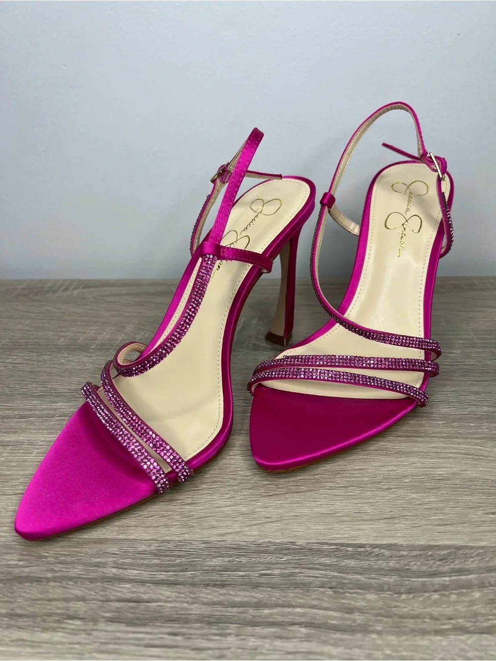 Jessica Simpson Pink Satin Rhinestone Strappy Heels Sz 10 Slingback Sandals 4.5”